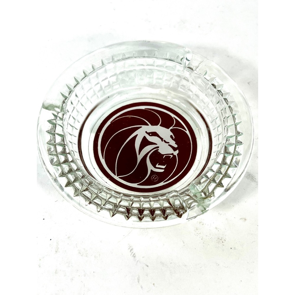 MGM Vintage Lion Glass Ashtray Clear Textured Diamond Pattern Maroon Logo